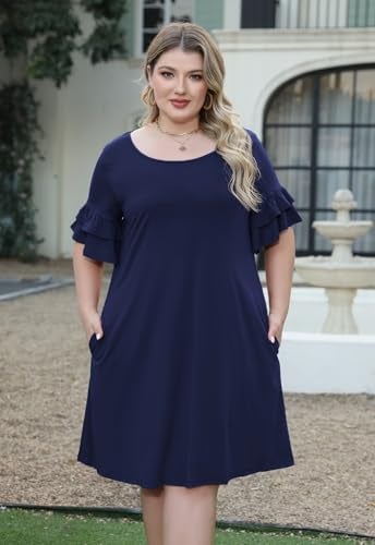 Nemidor Plus Size Casual Dresses for Curvy Women Summer Ruffle Sleeve T-Shirt Swing Mini Dress with Pocket 14-26(179,18,Navy) - Image 3