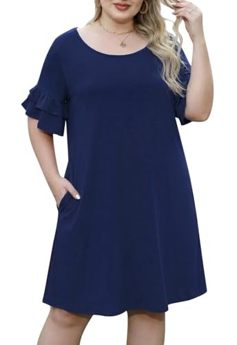 Nemidor Plus Size Casual Dresses for Curvy Women Summer Ruffle Sleeve T-Shirt Swing Mini Dress with Pocket 14-26(179,18,Navy) - Image 1