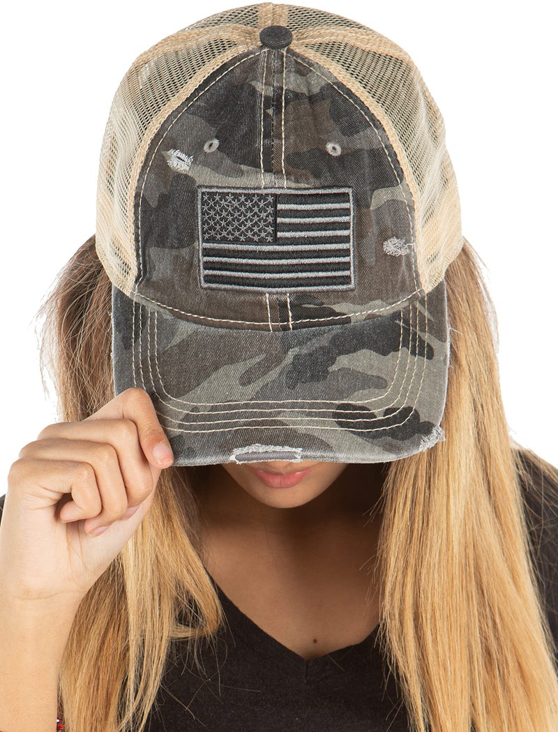 Funky Junque Distressed Trucker Hat for Women â€“ Vintage Low Profile Mesh Back Baseball Cap, Adjustable Fit Dad Hat Style - Black Camo W/Flag - Image 1