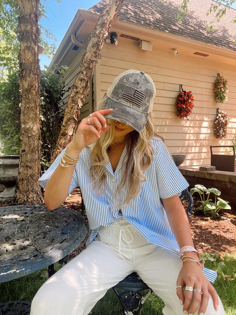 Funky Junque Distressed Trucker Hat for Women â€“ Vintage Low Profile Mesh Back Baseball Cap, Adjustable Fit Dad Hat Style - Black Camo W/Flag - Image 2