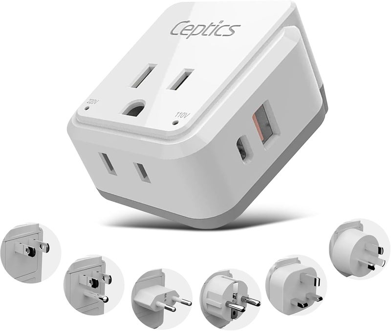 Ceptics World Power Plug Adapter Set, Dual USB & USB-C 3.1A, 20W with QC-PD, 2 USA Outlet Compact & Powerful, Use In Europe, Asia, Australia, Japan, Includes Type A, B, C, E/F, G, I SWadAPt Attachment - Image 1