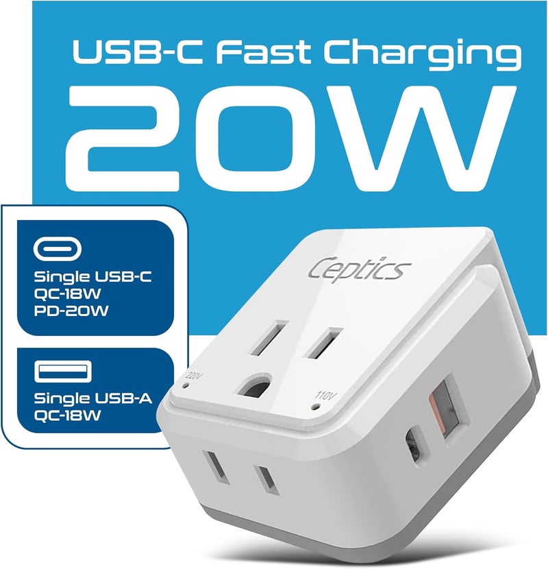 Ceptics World Power Plug Adapter Set, Dual USB & USB-C 3.1A, 20W with QC-PD, 2 USA Outlet Compact & Powerful, Use In Europe, Asia, Australia, Japan, Includes Type A, B, C, E/F, G, I SWadAPt Attachment - Image 2