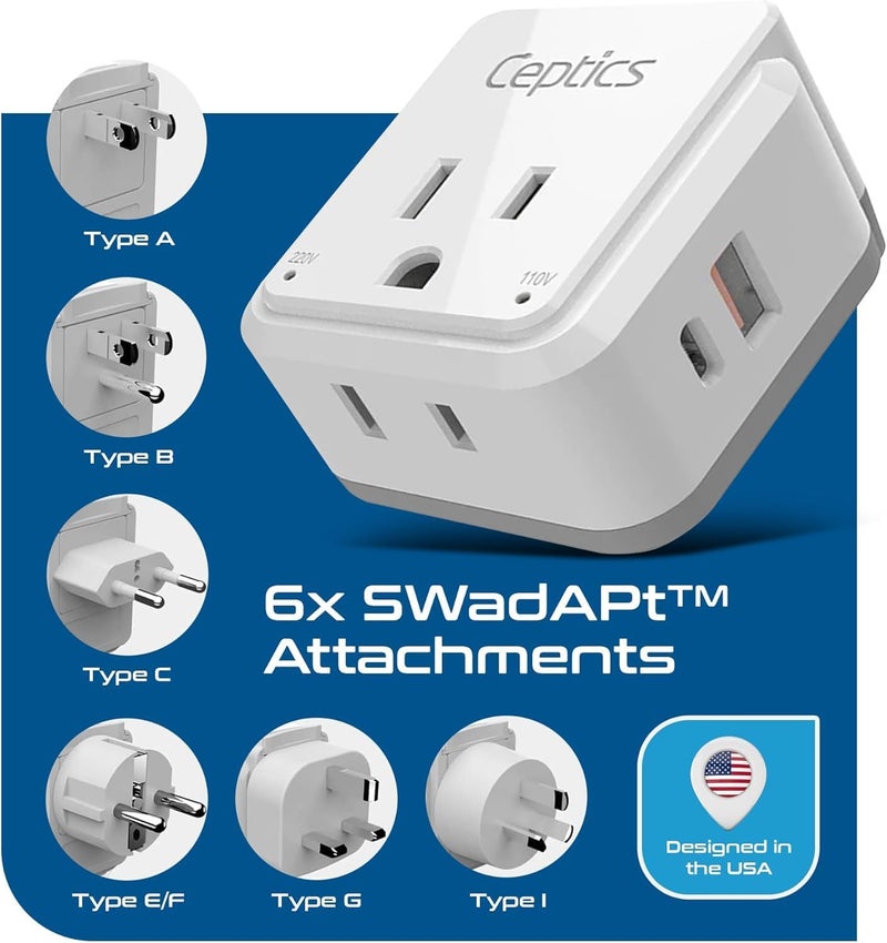 Ceptics World Power Plug Adapter Set, Dual USB & USB-C 3.1A, 20W with QC-PD, 2 USA Outlet Compact & Powerful, Use In Europe, Asia, Australia, Japan, Includes Type A, B, C, E/F, G, I SWadAPt Attachment - Image 4