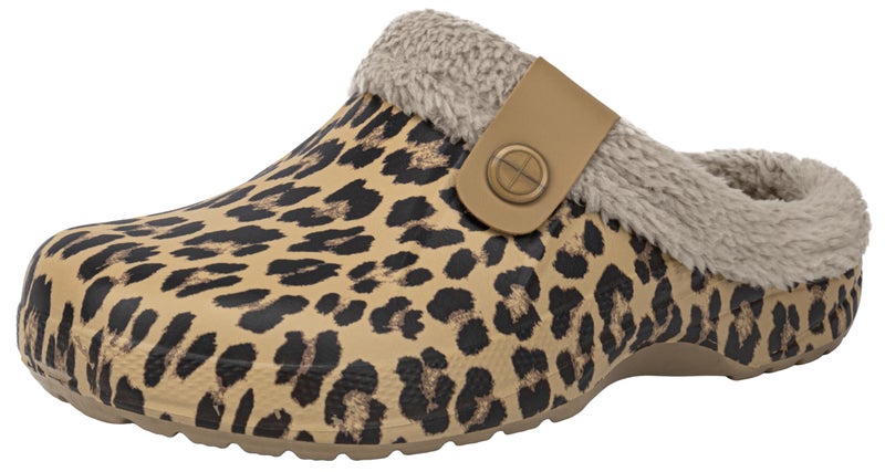 ChayChax Women and Men Fur Lined Clogs Memory Foam Warm Fuzzy Slippers Winter Waterproof Indoor Outdoor Slipper, Leopard Print, 6-7 Women/5-6 Men - Image 1
