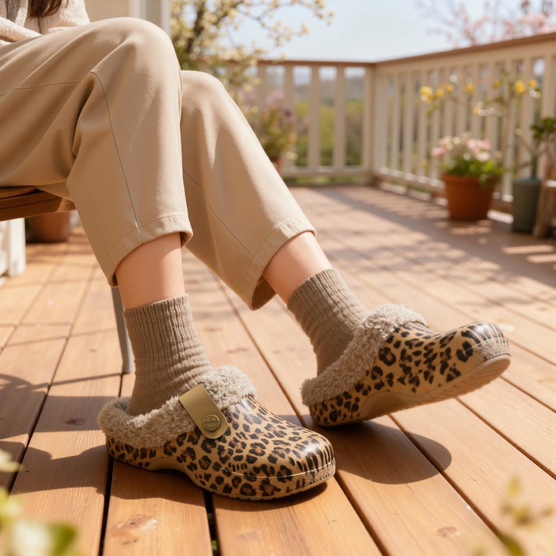 ChayChax Women and Men Fur Lined Clogs Memory Foam Warm Fuzzy Slippers Winter Waterproof Indoor Outdoor Slipper, Leopard Print, 6-7 Women/5-6 Men - Image 2
