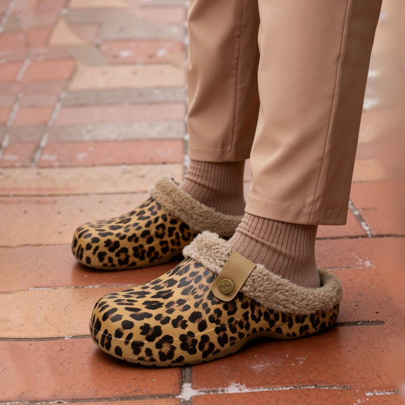 ChayChax Women and Men Fur Lined Clogs Memory Foam Warm Fuzzy Slippers Winter Waterproof Indoor Outdoor Slipper, Leopard Print, 6-7 Women/5-6 Men - Image 3