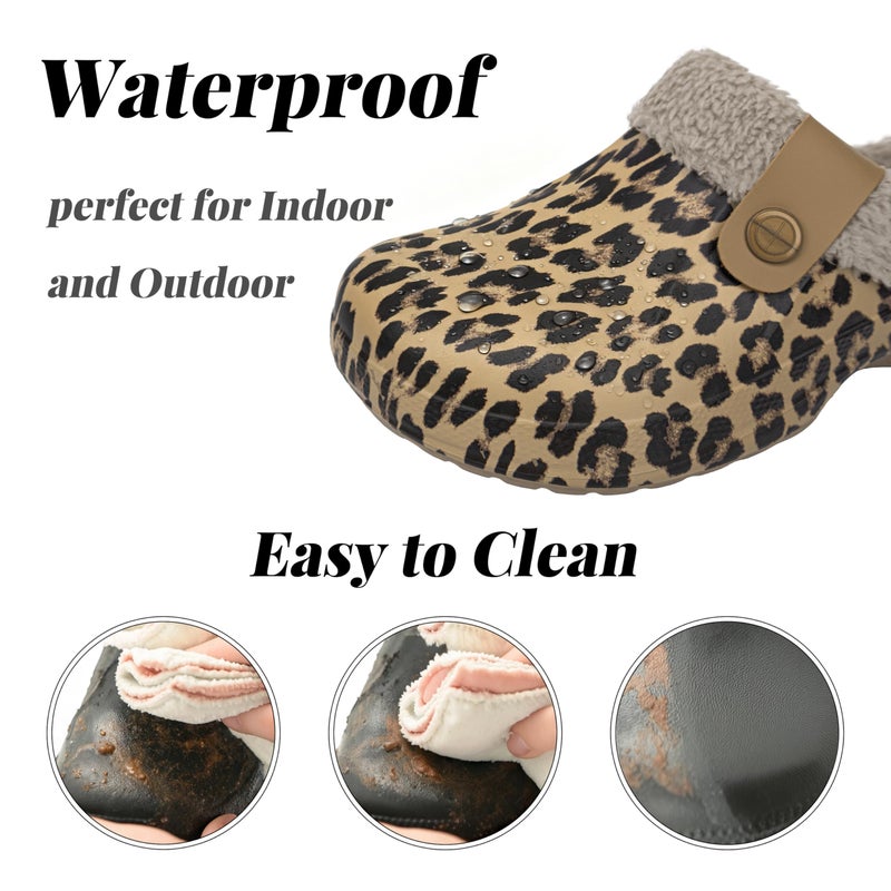 ChayChax Women and Men Fur Lined Clogs Memory Foam Warm Fuzzy Slippers Winter Waterproof Indoor Outdoor Slipper, Leopard Print, 6-7 Women/5-6 Men - Image 4