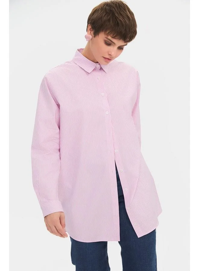 JUNE June Women Oversize/Loose Fit 100% Cotton Lilac Striped Shirt Lilac