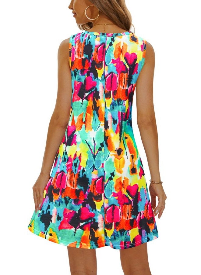 MOSKILL Summer Dresses for Women 2024 Casual Sundresses Beach Cover Ups Sleeveless Tshirt Swing Dress with Pockets L Rainbow - Image 4