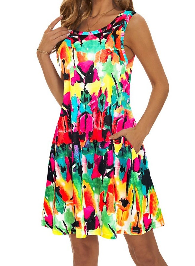 MOSKILL Summer Dresses for Women 2024 Casual Sundresses Beach Cover Ups Sleeveless Tshirt Swing Dress with Pockets L Rainbow - Image 2