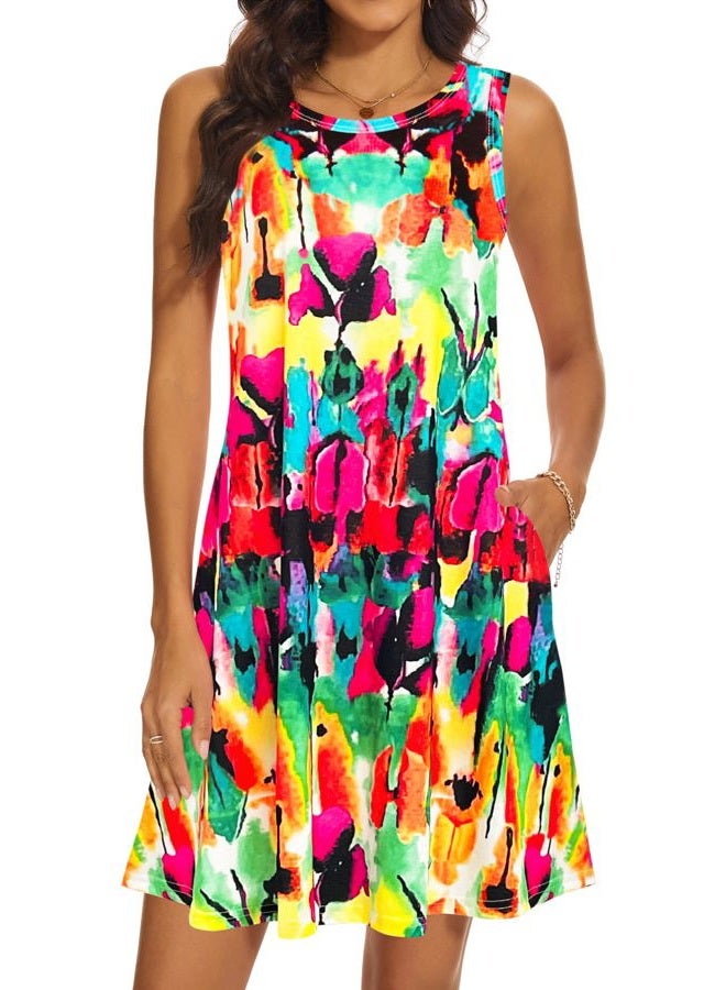 MOSKILL Summer Dresses for Women 2024 Casual Sundresses Beach Cover Ups Sleeveless Tshirt Swing Dress with Pockets L Rainbow - Image 1