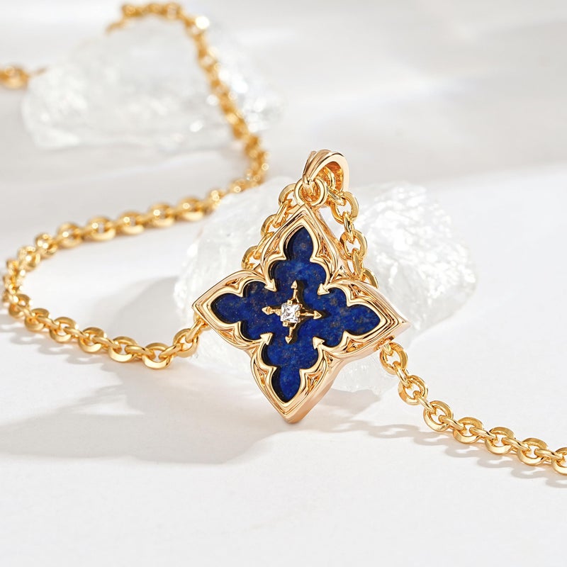 Fettero Gold Clover Necklace for Women Dainty 14K Gold Plated CZ Pendant Necklace Charm Colorful Clover Pendant Lucky Necklaces for Women Jewelry - Dark-blue Stone - Image 4