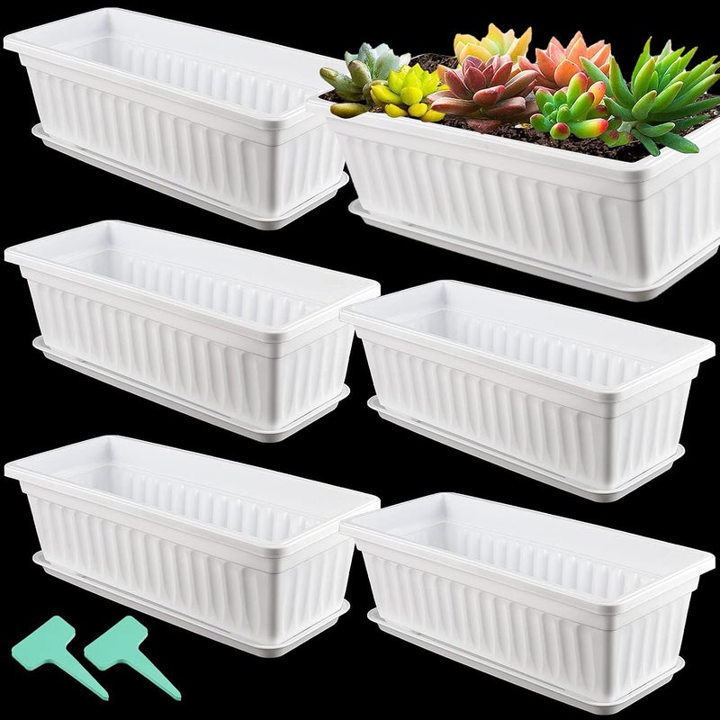 HAKZEON 6 Pack 17 Inches Plastic Flower Box Planters with Trays, Countryside Flower Window Boxes with 30 Plant Labels, White Rectangular Vegetable Planters for Windowsill, Porch, Balcony, Garden - Image 1