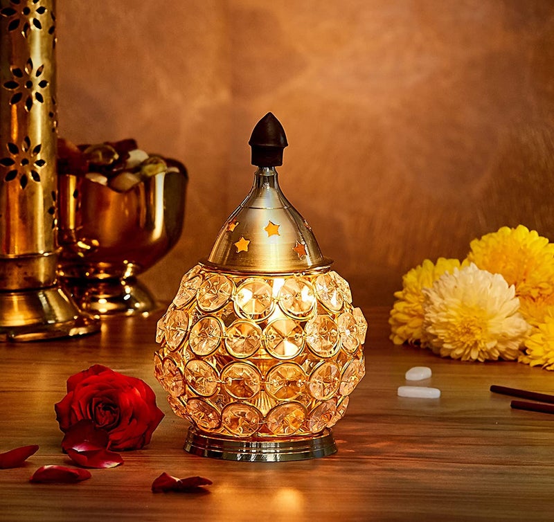 Klassic Decor Brass Crystal Matki Shape Diya | Medium Size Brass, Crystal Cover | Oil Lamp | Best for Diwali Decoration, Home Decor (Pack of 1, Golden) - Image 1