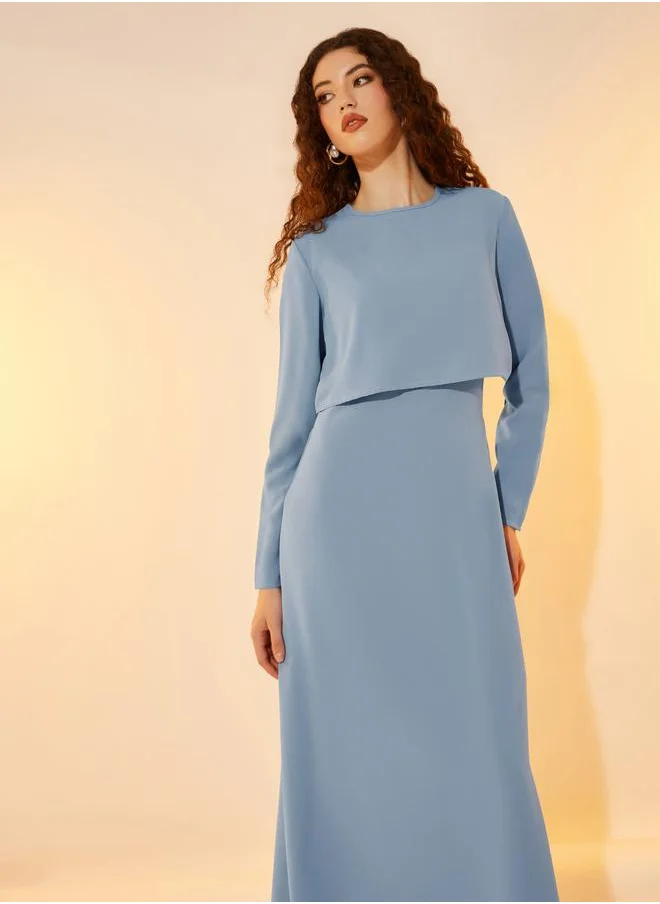 تايك تو Take Two 2in1 Look Solid Round Neck A-Line Maxi Dress