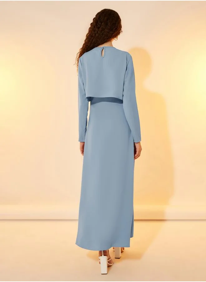 Styli 2in1 Look Solid Round Neck A-Line Maxi Dress