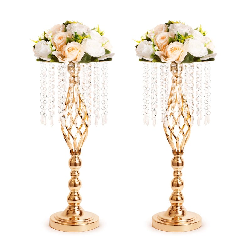 LANLONG 2pcs Gold Metal Flower Vases Crystal Flower Stand Wedding Centerpieces for Tables Party Dinner Event Restaurant Hotel Decoration