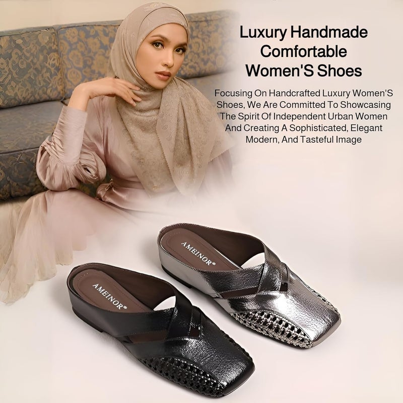 Generic Women's Mules Square Toe Closed Toe Sandals Open Back Braided Slip-On Flats - Image 2