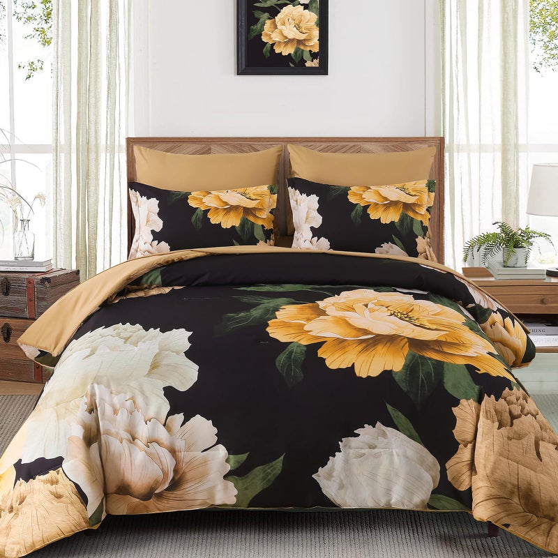 Dobuyly Black Floral Comforter Set Queen 7 Piece Bed in a Bag, Yellow Brown Flower Printed on Black Comforter Set with Sheets, Soft Microfiber Botanical Boho Bedding Set for All Season - Image 1