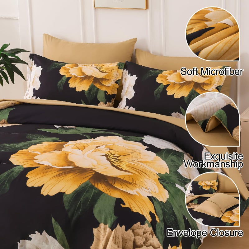 Dobuyly Black Floral Comforter Set Queen 7 Piece Bed in a Bag, Yellow Brown Flower Printed on Black Comforter Set with Sheets, Soft Microfiber Botanical Boho Bedding Set for All Season - Image 4