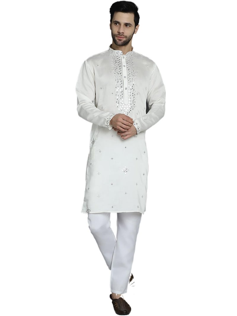 Jompers Men's Cotton Silk Embroidered Kurta with Full Sleeves - Image 1