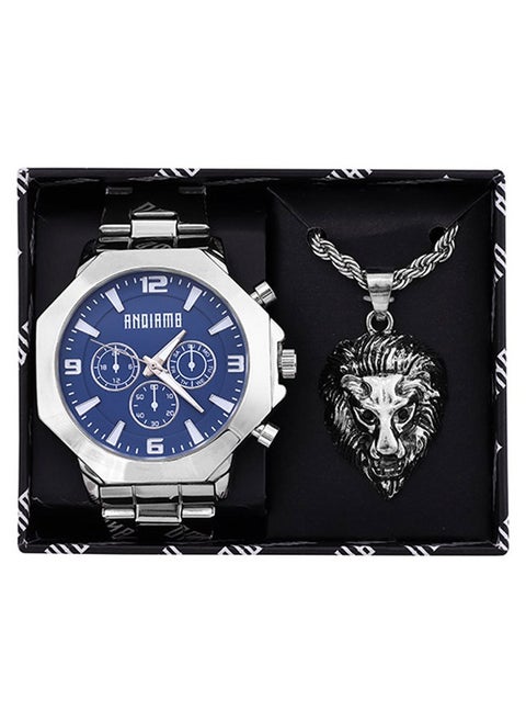 Men's Analog Silver Case Silver Metal Strap Set Watch