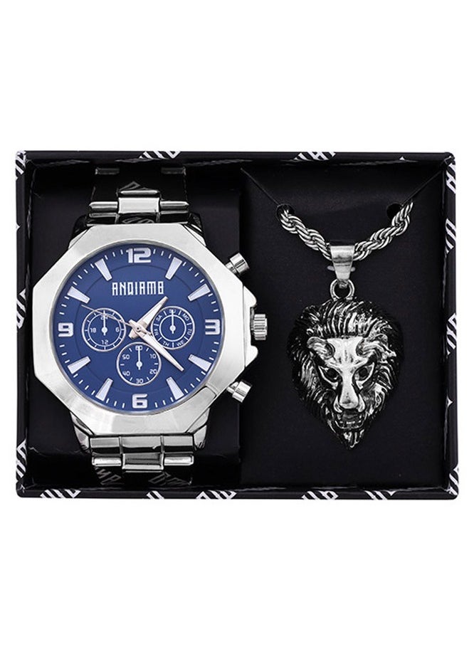 ANDIAMO Men's Analog Silver Case Silver Metal Strap Set Watch 