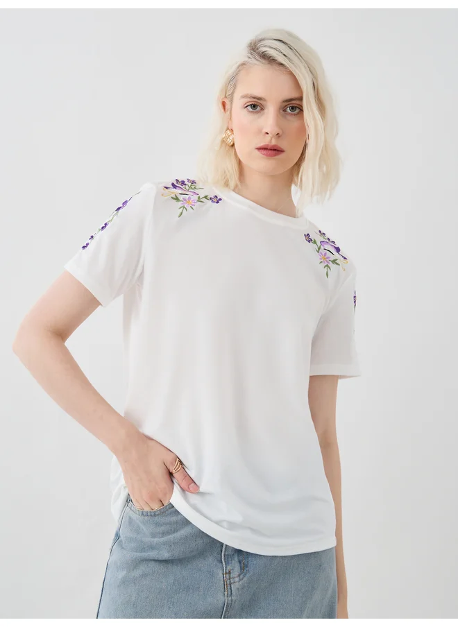 Take Two Take Two Embroidered Round Neck Short Sleeve T-Shirt