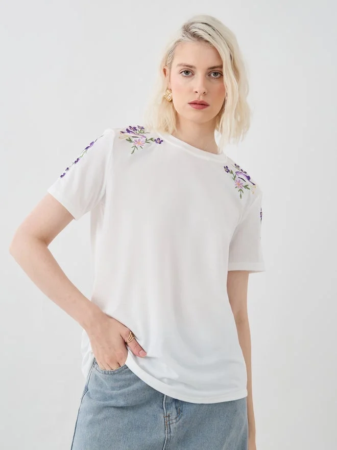 Take Two Embroidered Round Neck Short Sleeve T-Shirt