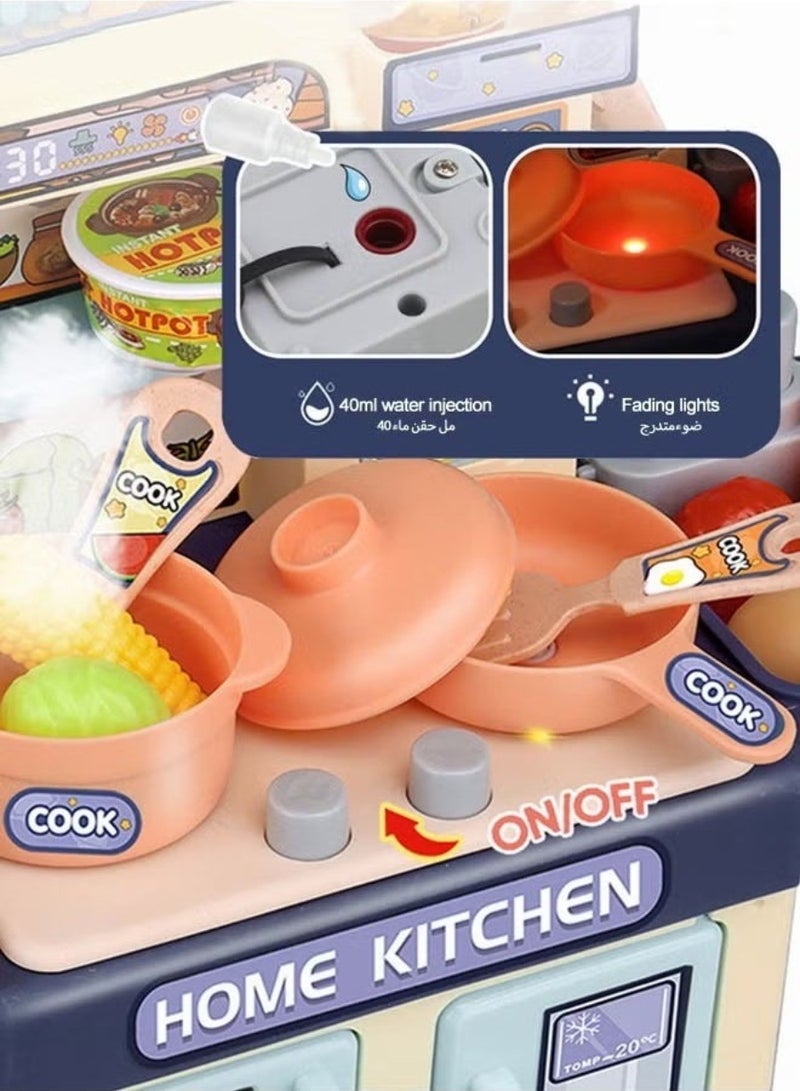 34pcs Kitchen Role Play Set with Lights, Kids Role Play Cookware Indoor DIY Kitchen Toy Game Kitchen Accessories Playset Children Real Cooking Set Vegetable Produce Water, Light Spray Blue  - Image 1