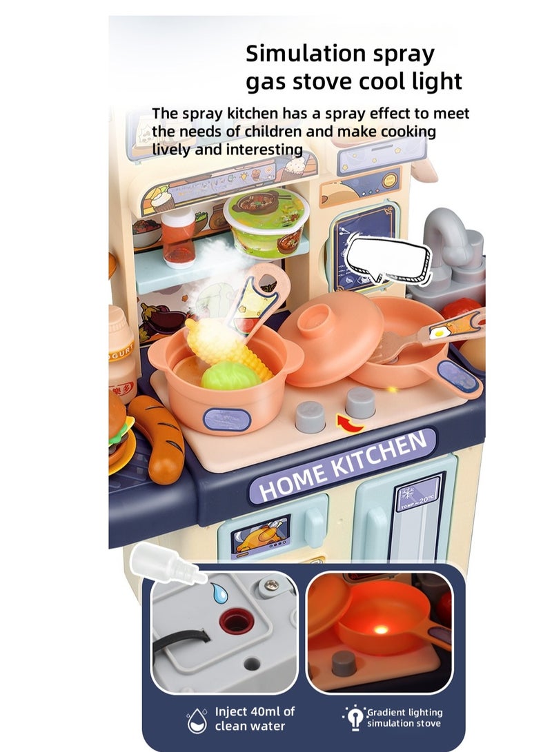 34pcs Kitchen Role Play Set with Lights, Kids Role Play Cookware Indoor DIY Kitchen Toy Game Kitchen Accessories Playset Children Real Cooking Set Vegetable Produce Water, Light Spray Blue  - Image 3