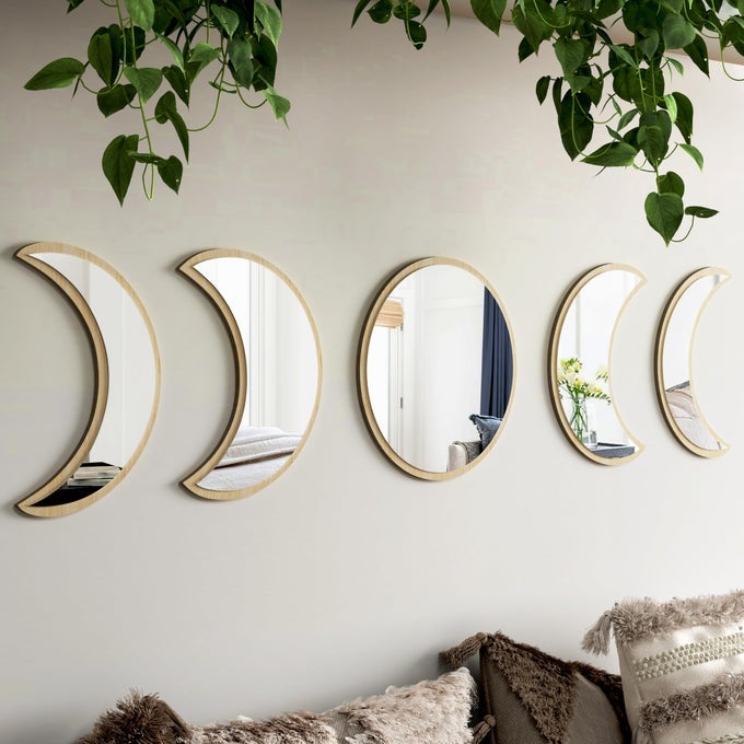 STYLISH MOON PHASE WALL MIRRORS SET 5PIECE DECORATIVE ACRYLIC BOHEMIAN MIRRORS FOR HOME DECOR LIVING ROOM BEDROOM ROOMRAW