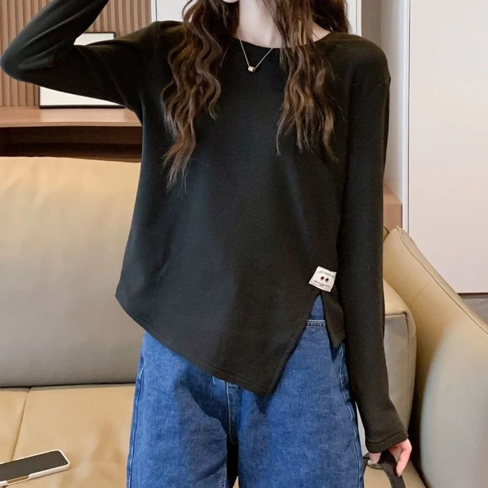 Autumn and Winter New Double-sided Velvet T-shirt Women's Design Sense Warm Top Irregular Slim Split Base Shirt Long Sleeve - Image 1