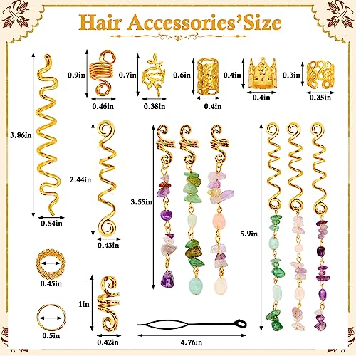 Jollidecor 80 Pcs Natural Crystal Stone Dreadlock Accessories, Jollidecor Hair Jewelry for Braids Hair Spirals Gems Charms Adjust Gold Loc Jewelry for Hair Cuffs for Adult Women Braids Hairstyle Decoration - Image 2