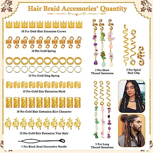 Jollidecor 80 Pcs Natural Crystal Stone Dreadlock Accessories, Jollidecor Hair Jewelry for Braids Hair Spirals Gems Charms Adjust Gold Loc Jewelry for Hair Cuffs for Adult Women Braids Hairstyle Decoration - Image 3