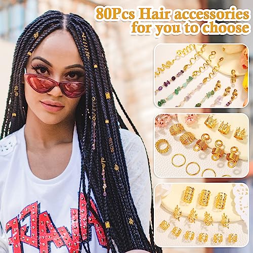 Jollidecor 80 Pcs Natural Crystal Stone Dreadlock Accessories, Jollidecor Hair Jewelry for Braids Hair Spirals Gems Charms Adjust Gold Loc Jewelry for Hair Cuffs for Adult Women Braids Hairstyle Decoration - Image 5