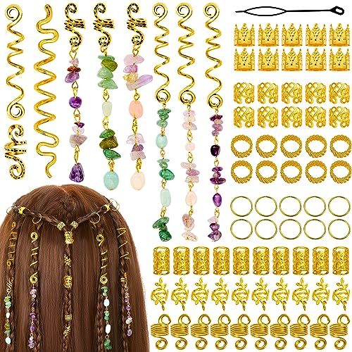 Jollidecor 80 Pcs Natural Crystal Stone Dreadlock Accessories, Jollidecor Hair Jewelry for Braids Hair Spirals Gems Charms Adjust Gold Loc Jewelry for Hair Cuffs for Adult Women Braids Hairstyle Decoration - Image 1