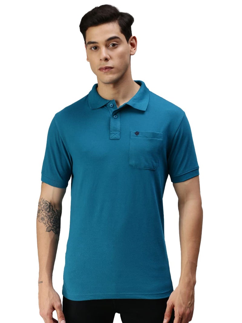 ONN Men's Peacock Blue Half Sleeves Polo Collar T-Shirt with Pocket(Size : 3X-Large) - Image 1