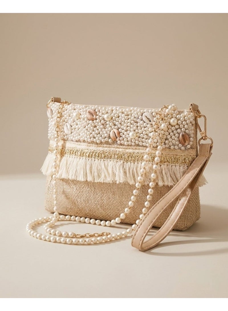 Elegant women's handbag decorated with pearls and shells - Image 1