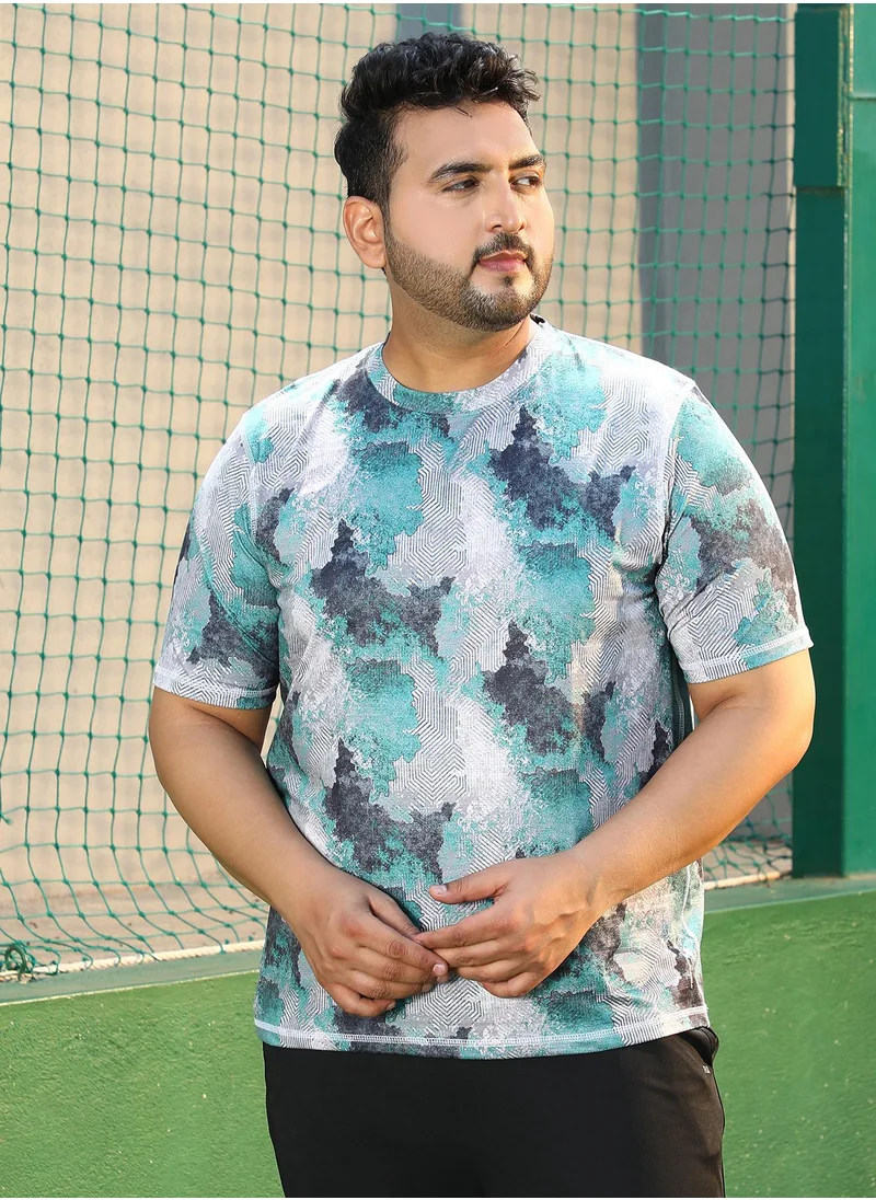 انستافاب بلس Instafab Plus Men's Forest Green & Charcoal Black Blur-Imprint Activewear T-Shirt For Casual Wear | Crew Neck | Short Sleeves | Plus Size Jersey T-Shirt Crafted With Comfort Fit For Everyday Wear