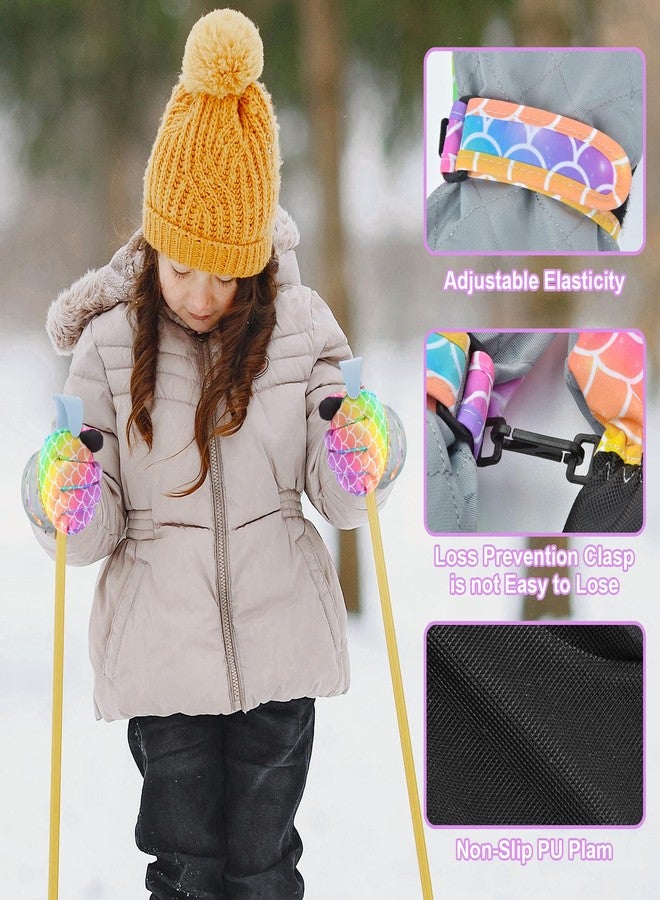 AuSletie Kids Gloves Winter Waterproof Snow Ski Gloves for Girls, Winter Outdoors Warm for Children, Rainbow Mermaid, Small（4-7Year） - Image 2