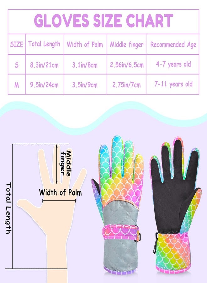 AuSletie Kids Gloves Winter Waterproof Snow Ski Gloves for Girls, Winter Outdoors Warm for Children, Rainbow Mermaid, Small（4-7Year） - Image 3