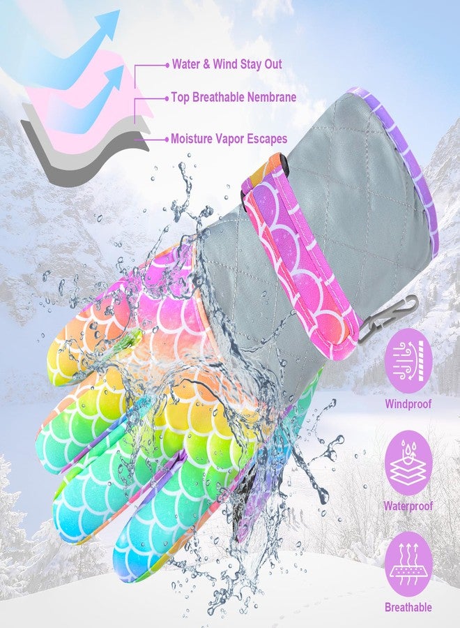 AuSletie Kids Gloves Winter Waterproof Snow Ski Gloves for Girls, Winter Outdoors Warm for Children, Rainbow Mermaid, Small（4-7Year） - Image 4