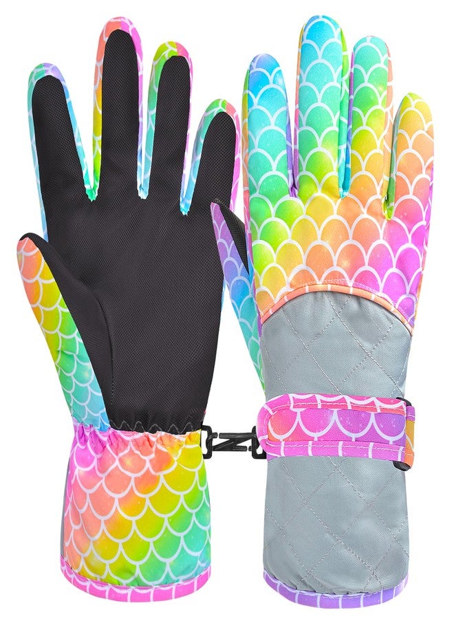 AuSletie Kids Gloves Winter Waterproof Snow Ski Gloves for Girls, Winter Outdoors Warm for Children, Rainbow Mermaid, Small（4-7Year） - Image 1