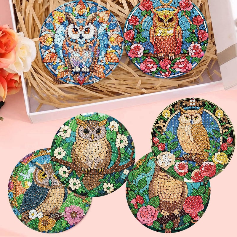 croshom 8 Pieces Owl Diamond Art Coasters Kit, Diamond Painting Coasters with Holder, Owl Diamonds Art Painting Kits, 5D DIY Diamonds Arts Kits for Adults Gift - Image 3