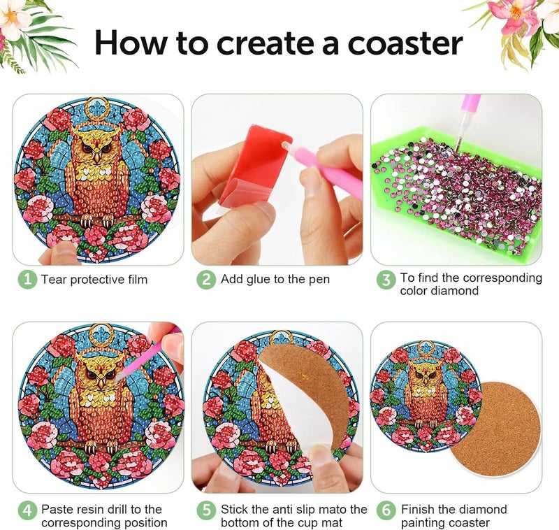 croshom 8 Pieces Owl Diamond Art Coasters Kit, Diamond Painting Coasters with Holder, Owl Diamonds Art Painting Kits, 5D DIY Diamonds Arts Kits for Adults Gift - Image 5