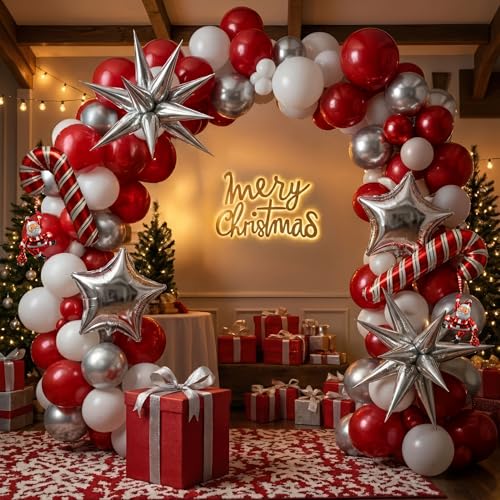 kozee Red Christmas Party Decorations with Balloon Garland Arch Kit Red White Silver Cane Candy Explosion Star Foil Balloons for Winter Xmas New Year eve Birthday Decorations - Image 5