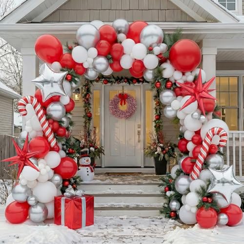 kozee Red Christmas Party Decorations with Balloon Garland Arch Kit Red White Silver Cane Candy Explosion Star Foil Balloons for Winter Xmas New Year eve Birthday Decorations - Image 1