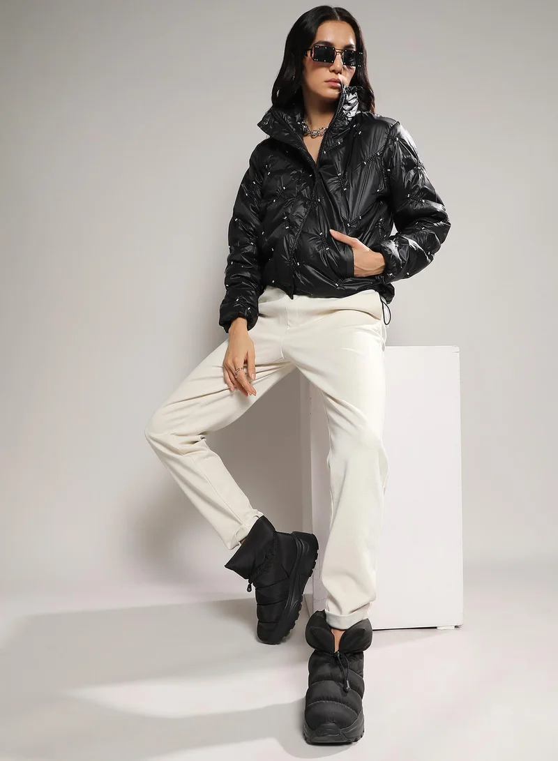 Campus Sutra Women's Carbon Black Diamond Quilt Puffler Jacket