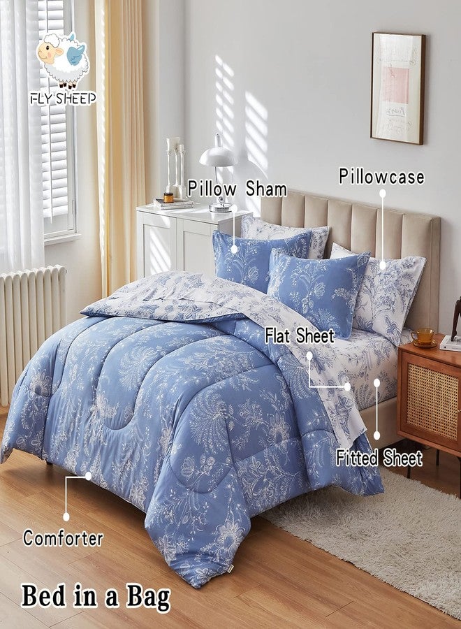Flysheep Botanical Bed in a Bag Queen Size 7 Pieces, Reversible Blue and White Flower Printed Comforter Bedding Set (1 Comforter, 1 Flat Sheet, 1 Fitted Sheet, 2 Pillow Shams and 2 Pillowcases) - Image 3